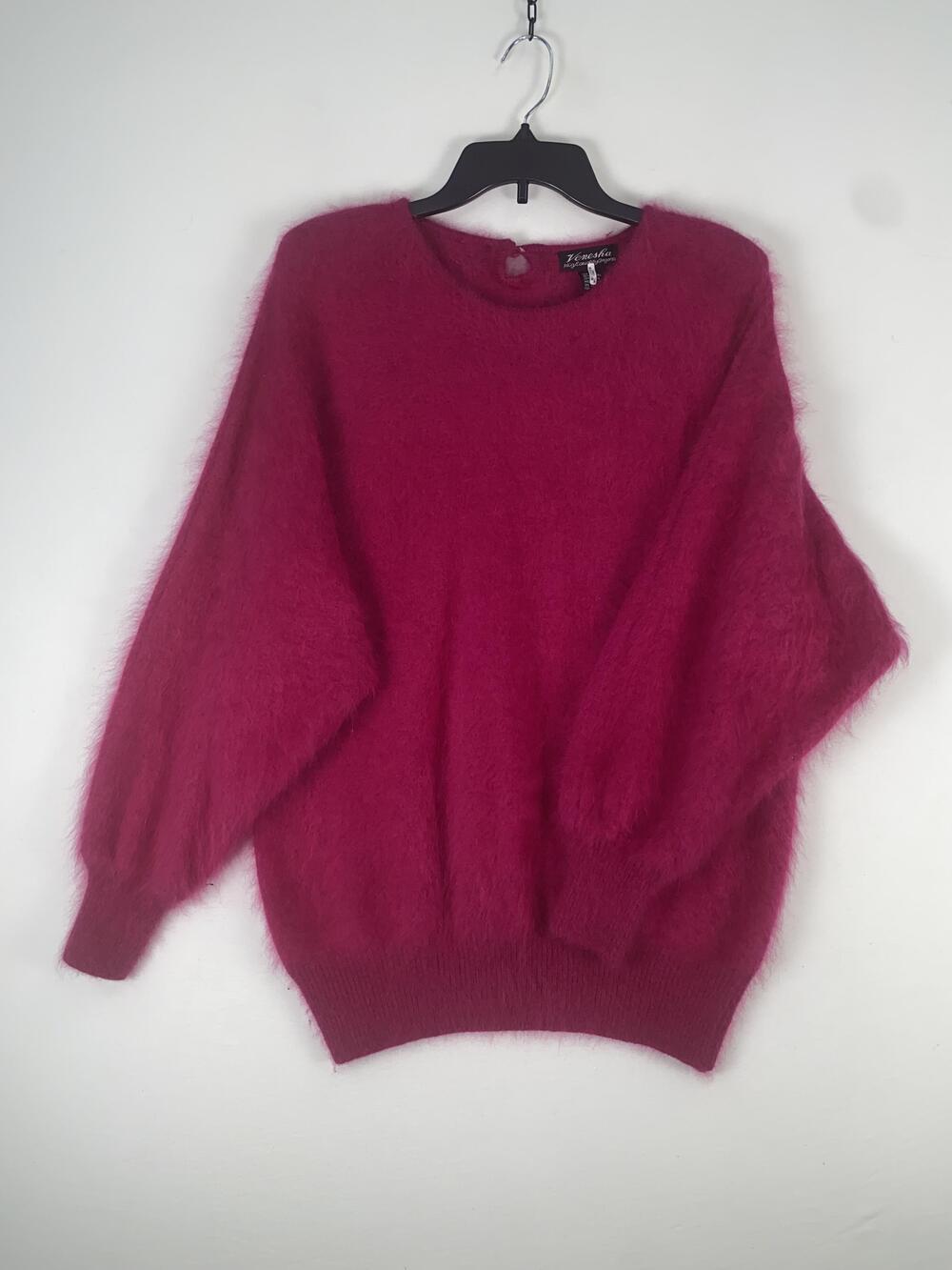 Veneska Sweater Womens Free Pink Angora Fuzzy Balloon Sleeve Knit Pullover Top